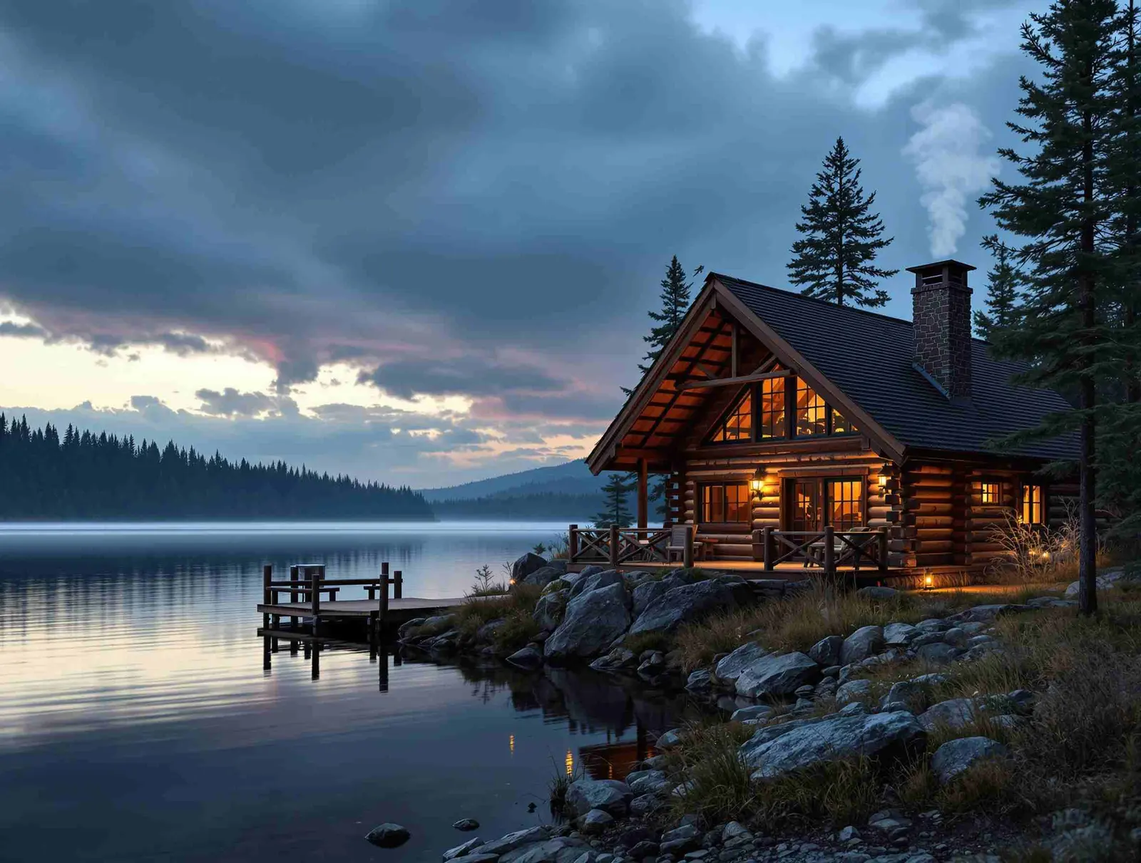 Cozy cabin at dusk by the lake