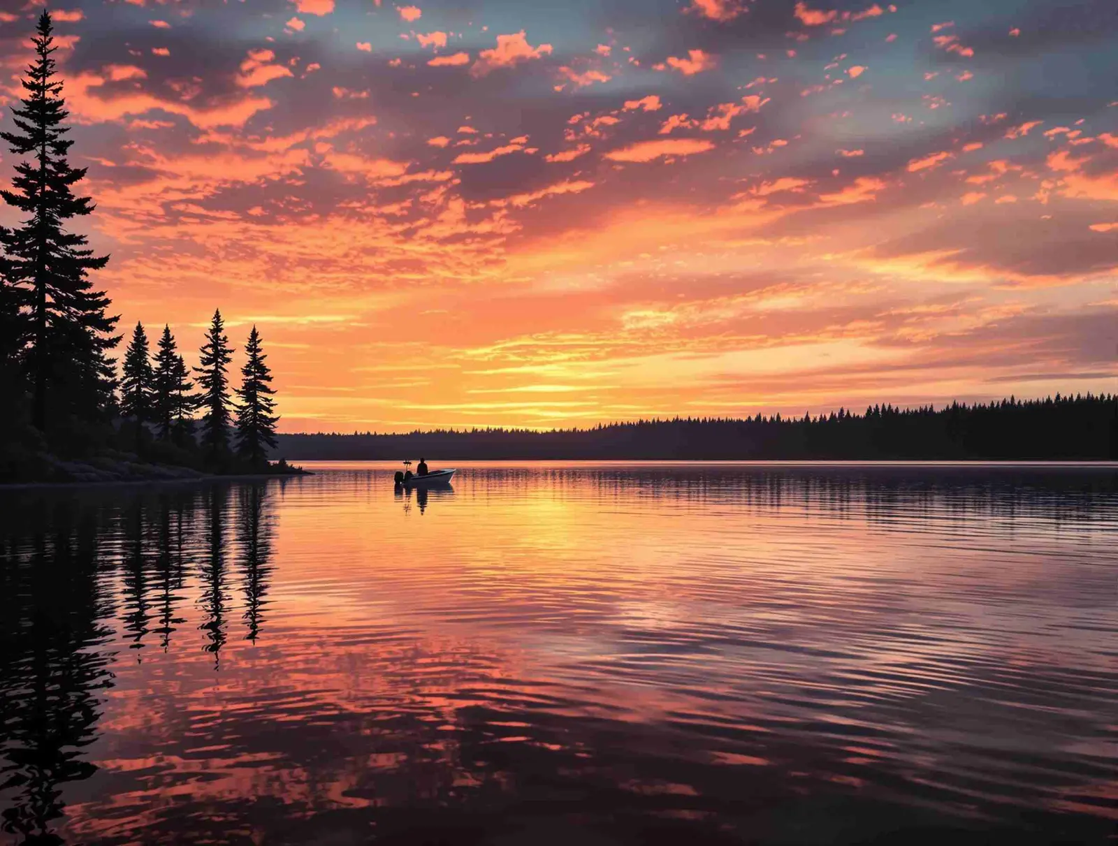Sunrise over the lake with boat