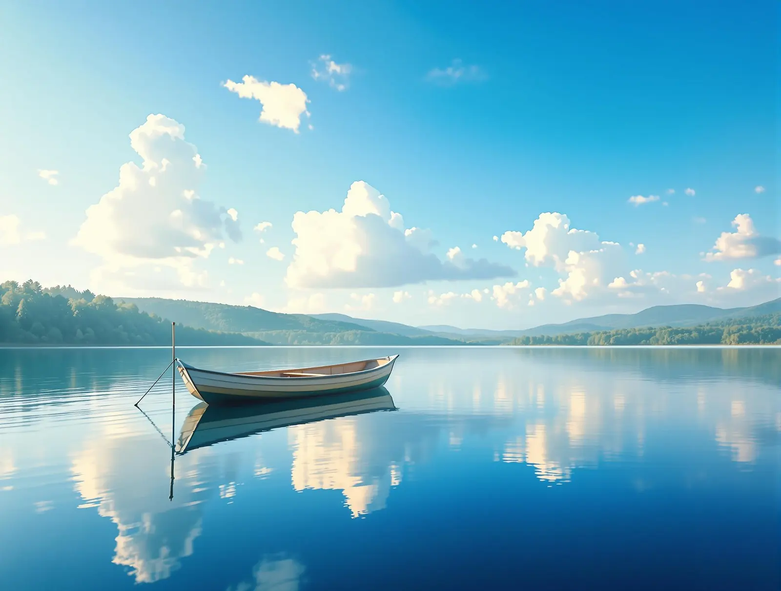 Boat on calm lake at dawn