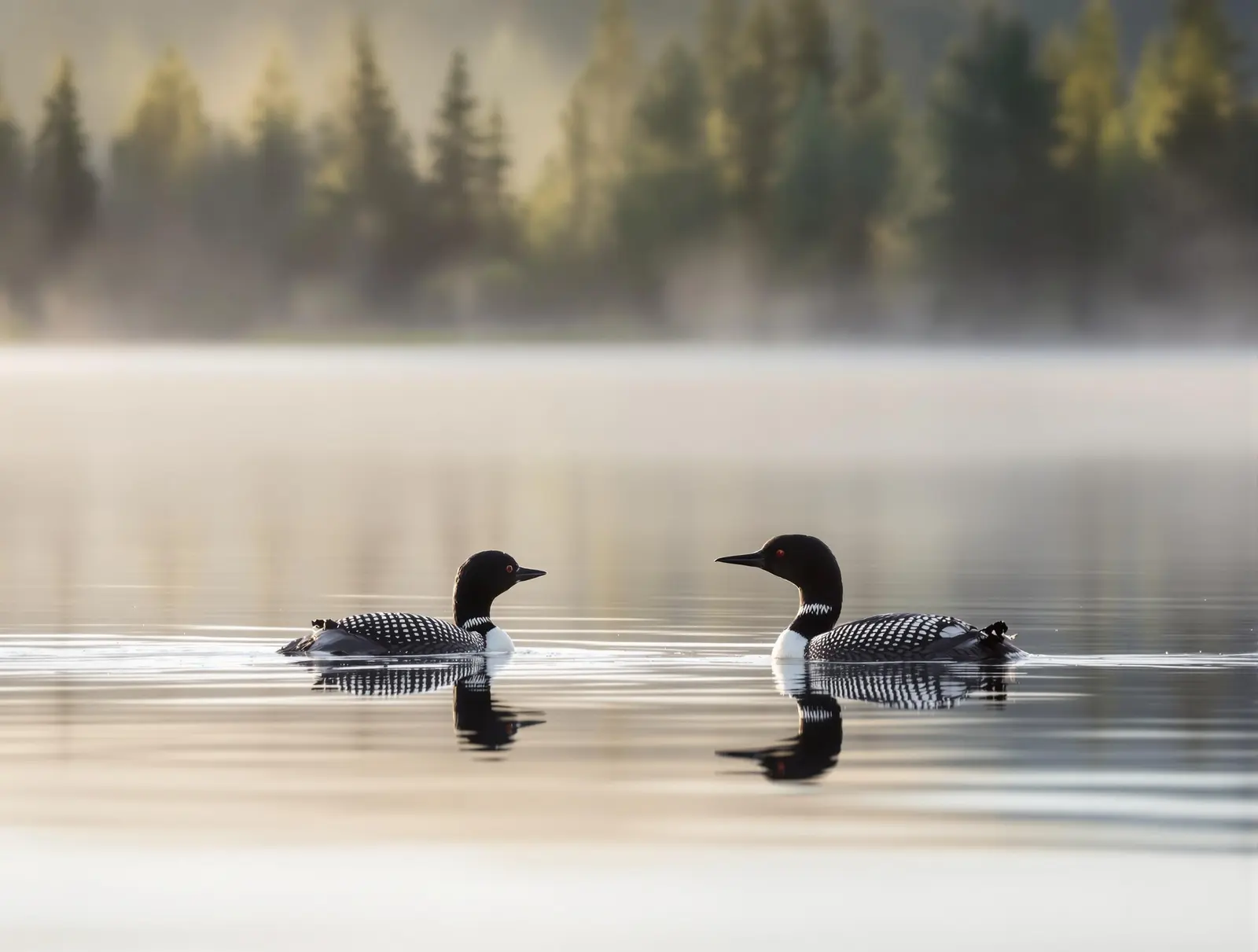 Loons on misty lake at sunrise