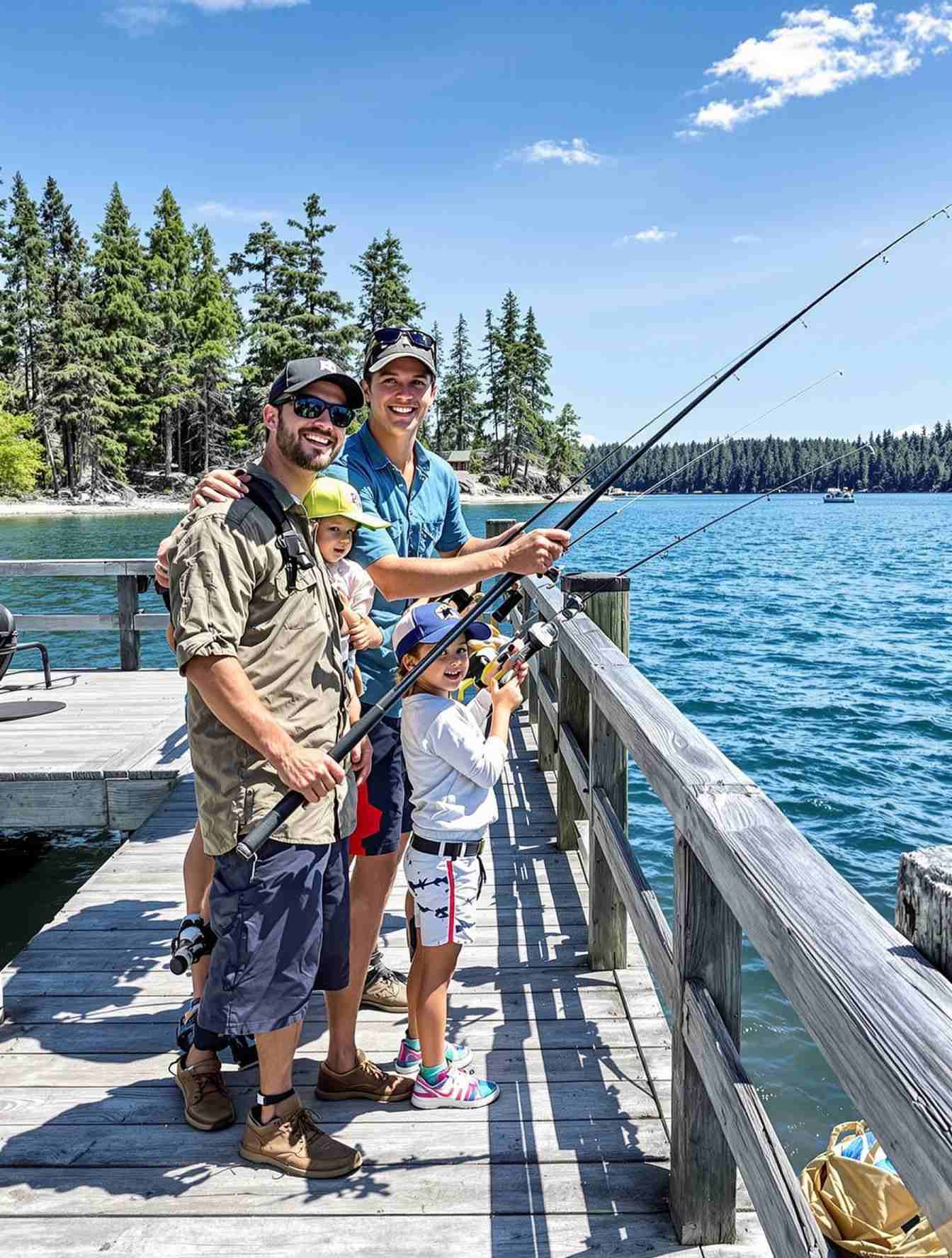 Family fishing from dock