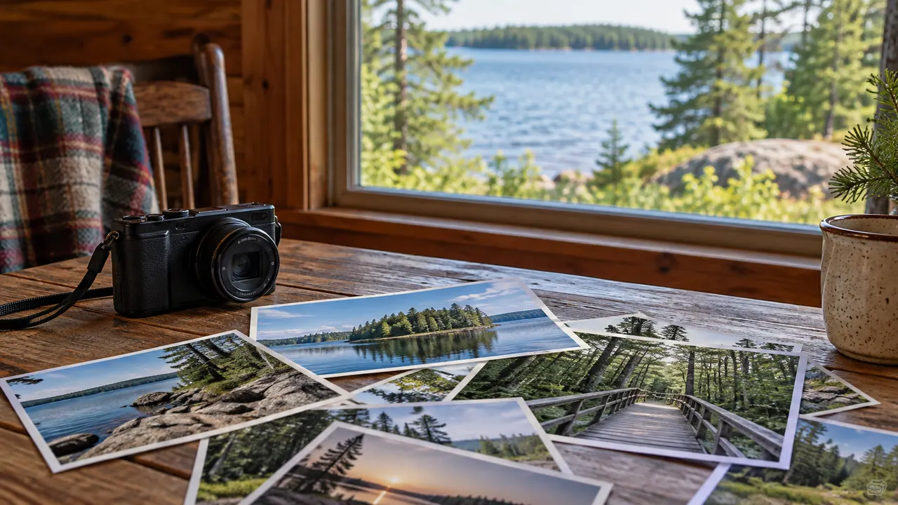 Illustration of a camera and lake and woodland prints on a cabin table