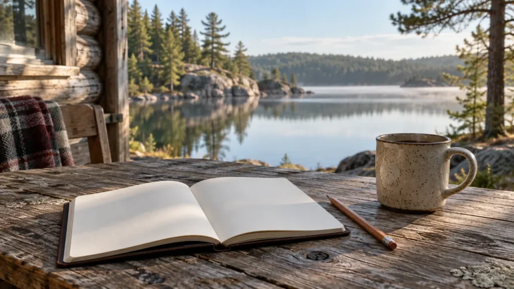 Illustration of a blank travel notebook and mug beside a quiet Ontario-style lake