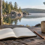 Illustration of a blank travel notebook and mug beside a quiet Ontario-style lake