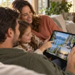 Illustration of a family looking at holiday photographs on a tablet