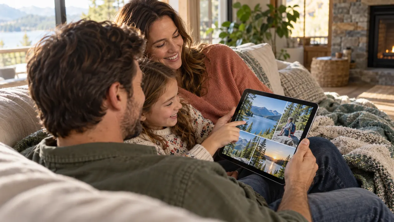 Illustration of a family looking at holiday photographs on a tablet